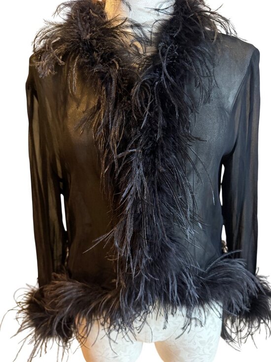 Maje Tops - Maje Womens Feather Trim Transparent Voile Shirt Size Small Black Relaxed Party